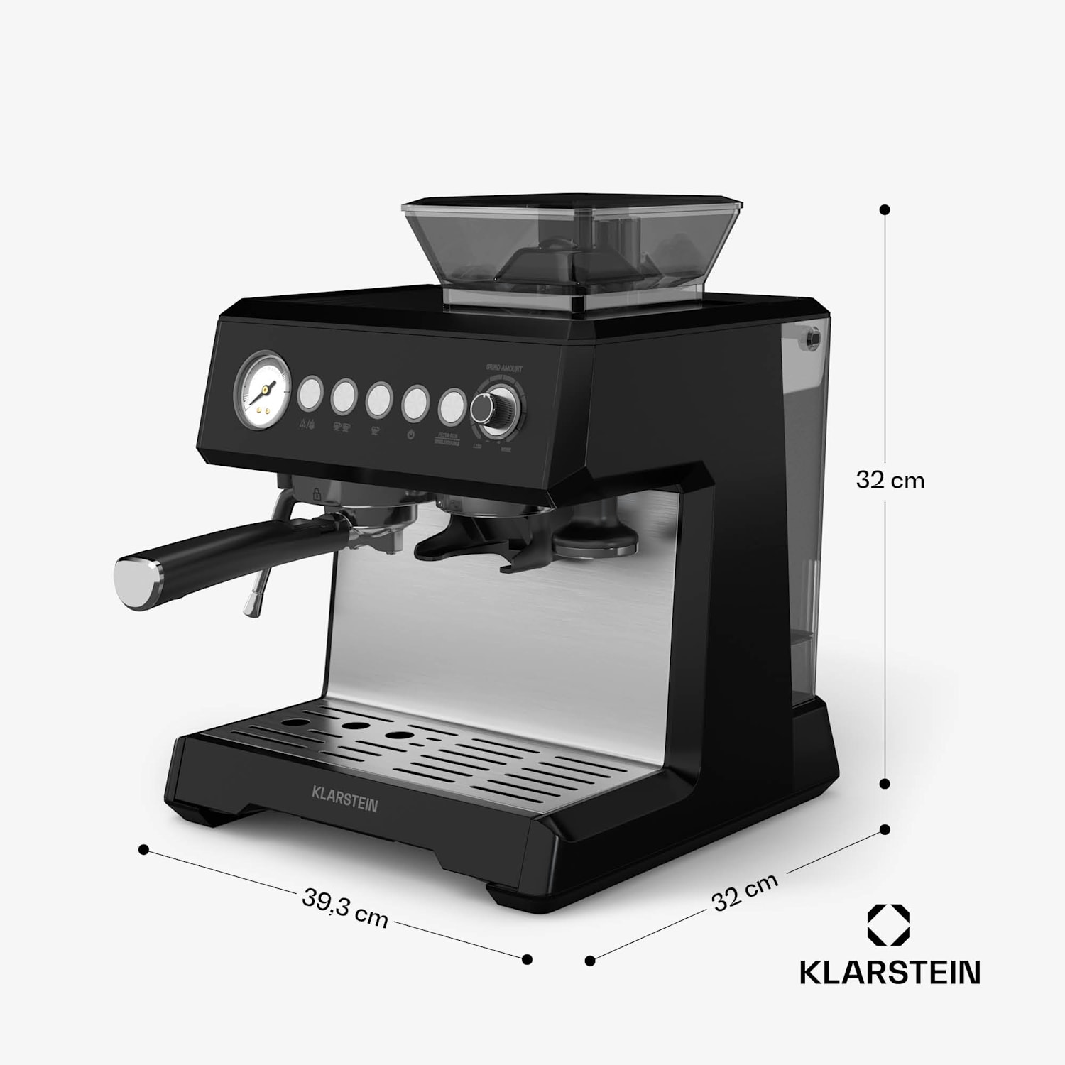 GrandPresso - Macchina del caffè | Macina di precisione | Ugello del vapore | Portafiltro | Indicazione della pressione | 20 bar GrandPresso | Nero
