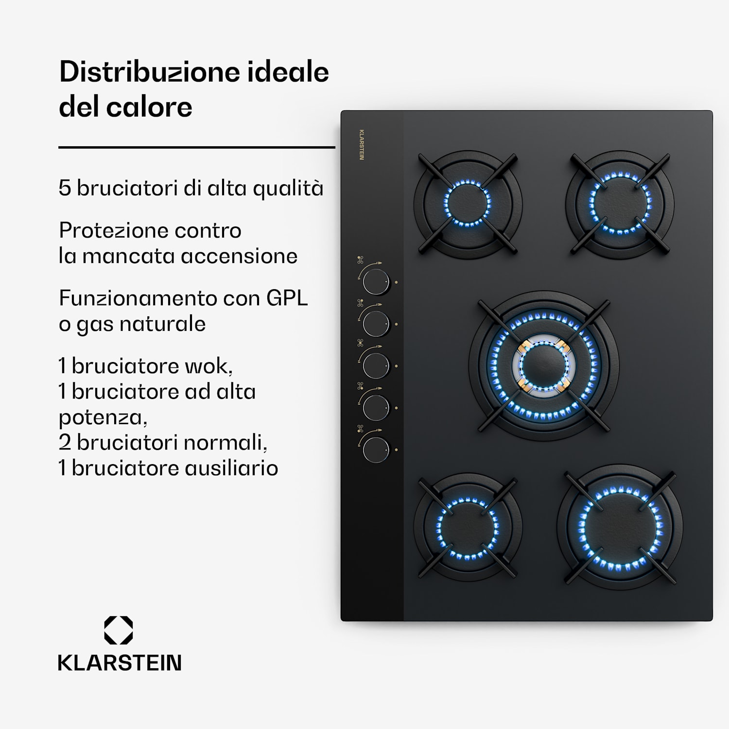 Goldflame Nano piano cottura a gas | 5 bruciatori di ottone | 8 kW | Nanorivestimento | GPL/gas naturale Goldflame Nano Matte | 5 bruciatori | Nero