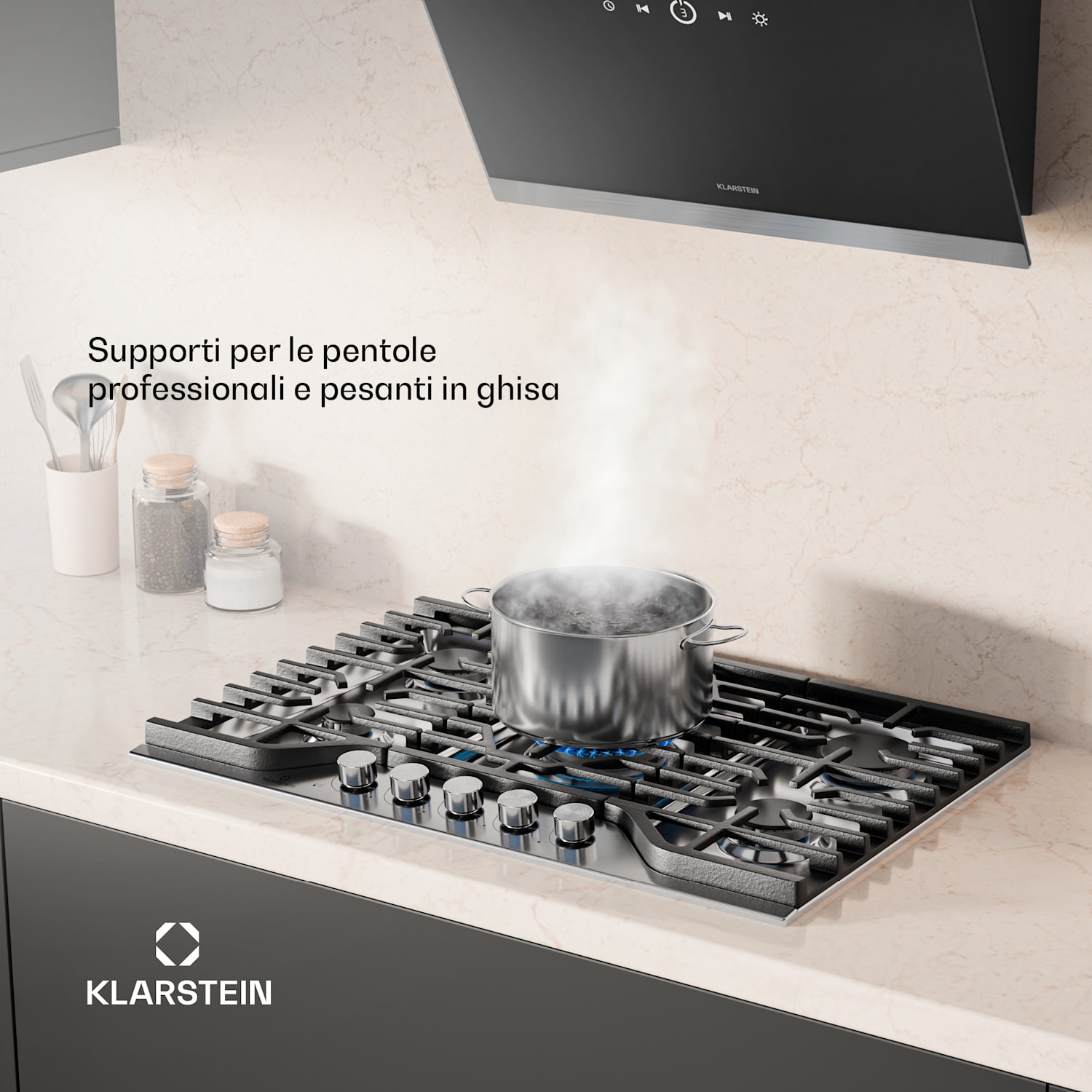 Turbocast piano cottura a gas | Acciaio inox 304 | 5 bruciatori | Portapentole professionale in ghisa | Bruciatore wok 75 cm