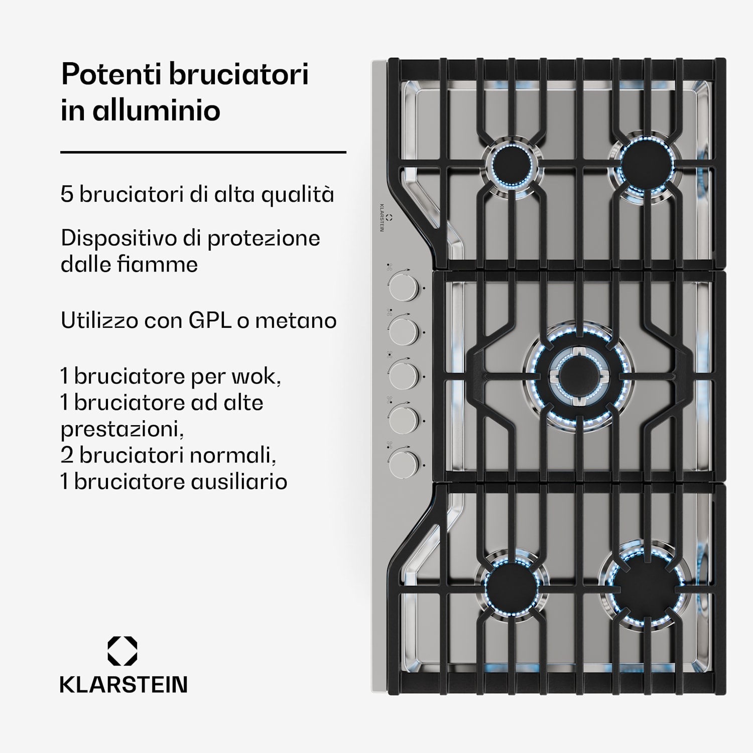 Turbocast piano cottura a gas | Acciaio inox 304 | 5 bruciatori | Portapentole professionale in ghisa | Bruciatore wok 91 cm