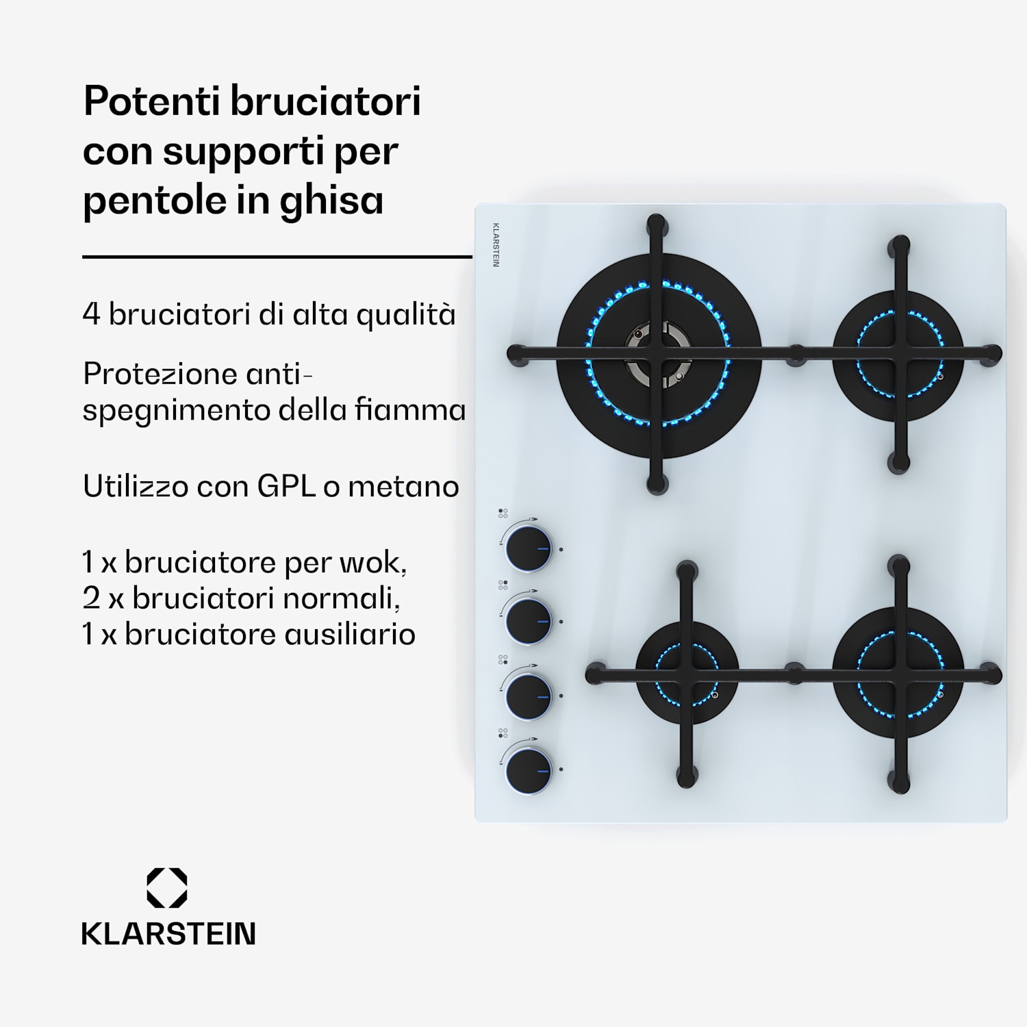 Illuminosa 4 piano cottura a gas 4 fuochi bruciatore Sabaf in vetroceramica 4 | Bianco trasparente