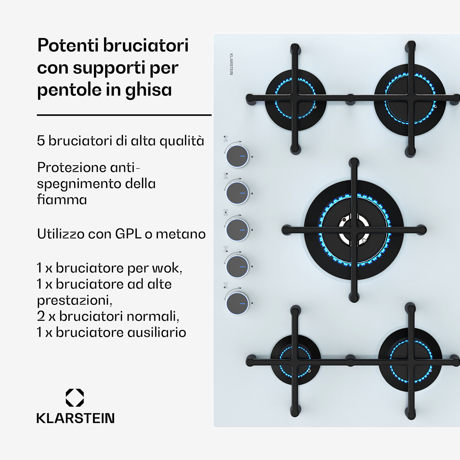 Illuminosa 5 piano cottura a gas 5 fuochi bruciatore Sabaf vetroceramica 5 | Bianco trasparente