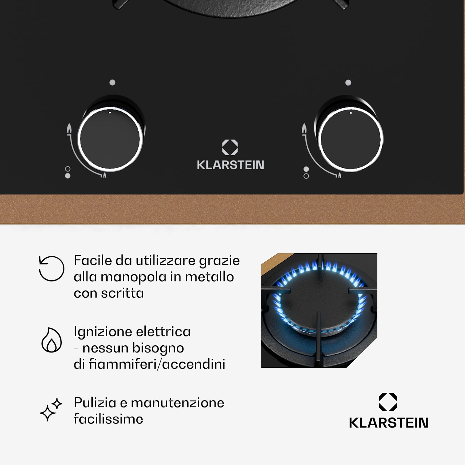 Lumiflame Piano cottura a gas | 2 bruciatori | Telaio in rame | Accensione elettrica | Potenza 4,2 kW 