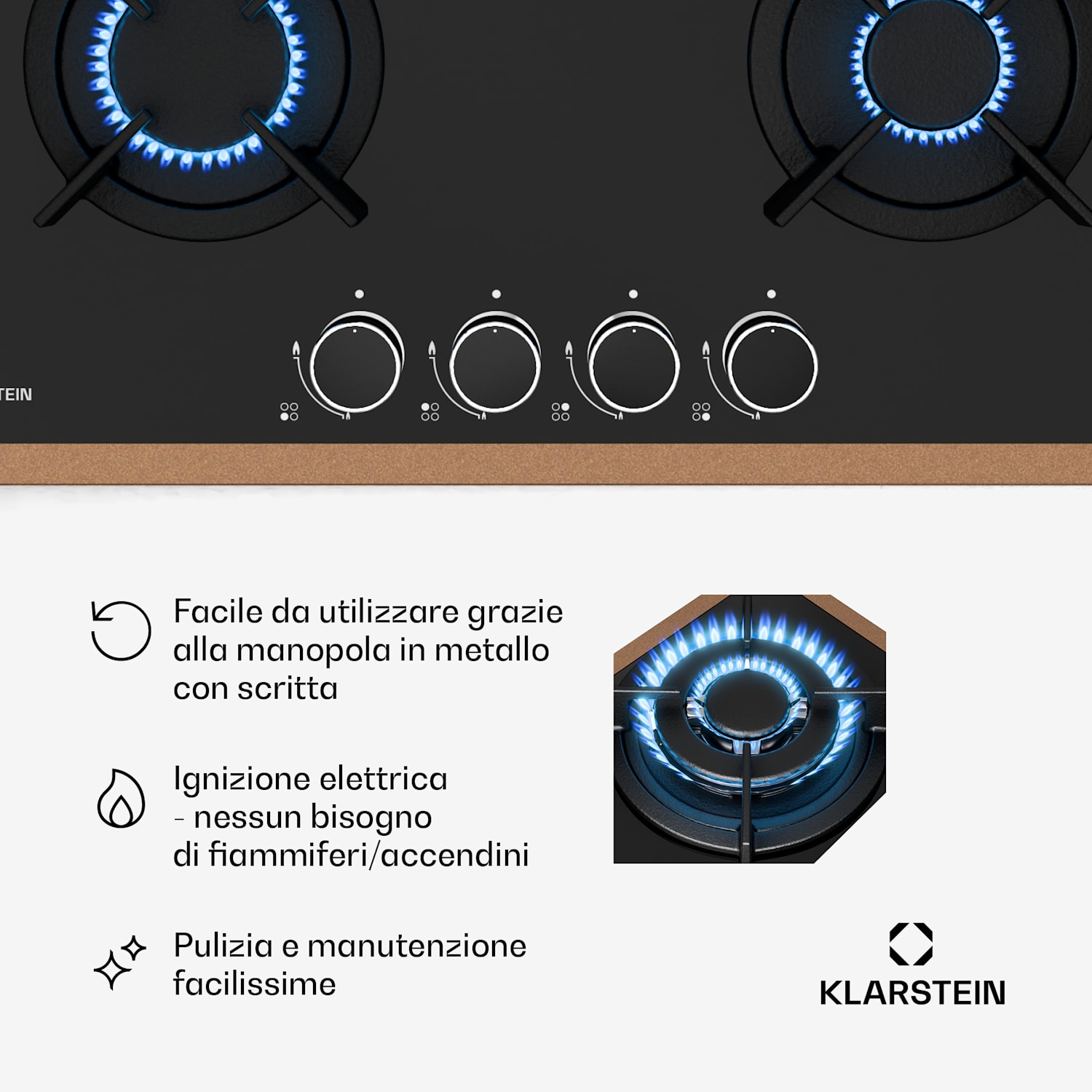 Lumiflame Piano cottura a gas | 4 bruciatori | Telaio in rame | Accensione elettrica | Potenza 8 kW 