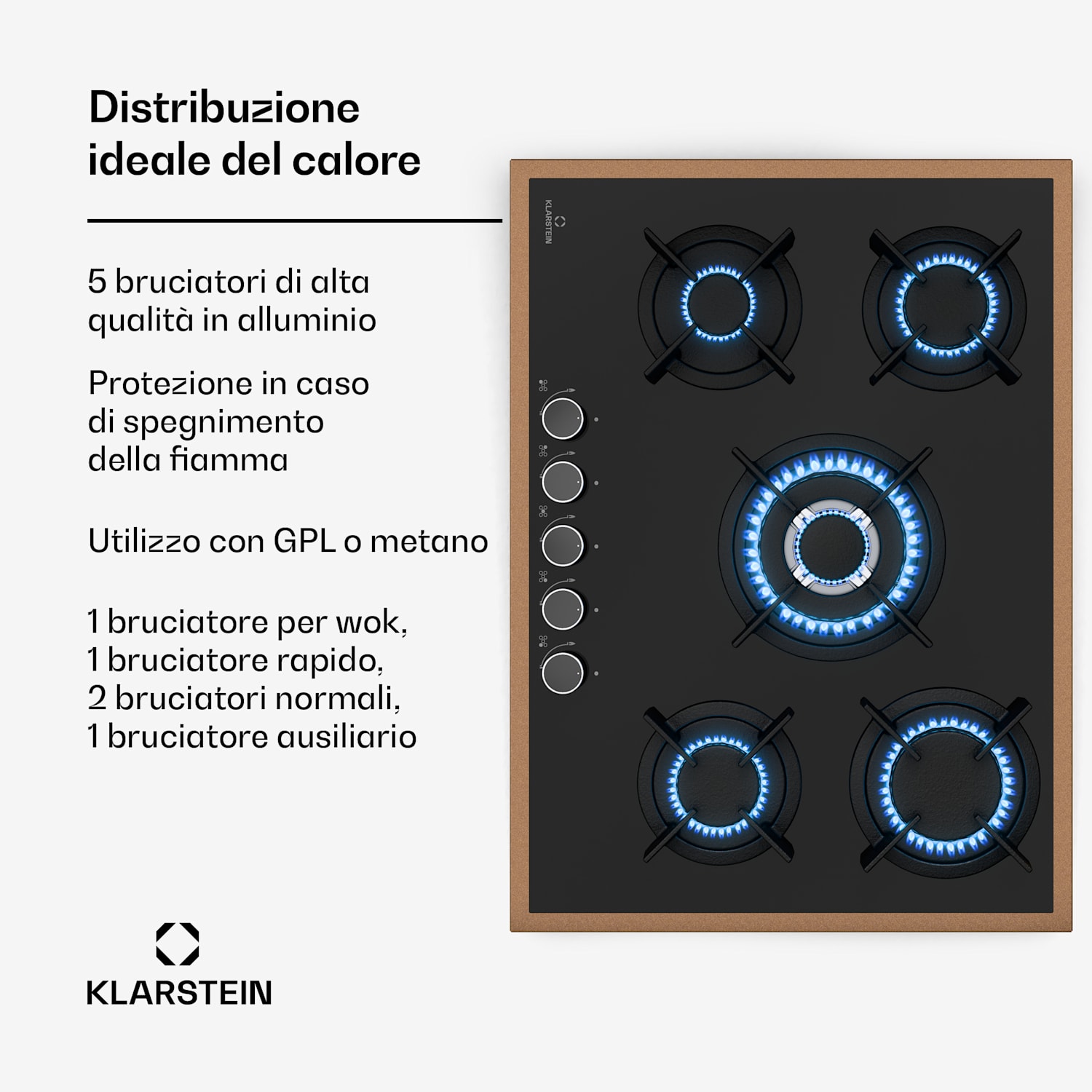 Lumiflame Piano cottura a gas | 5 bruciatori | Telaio in rame | Accensione elettrica | Potenza 10,4 kW 