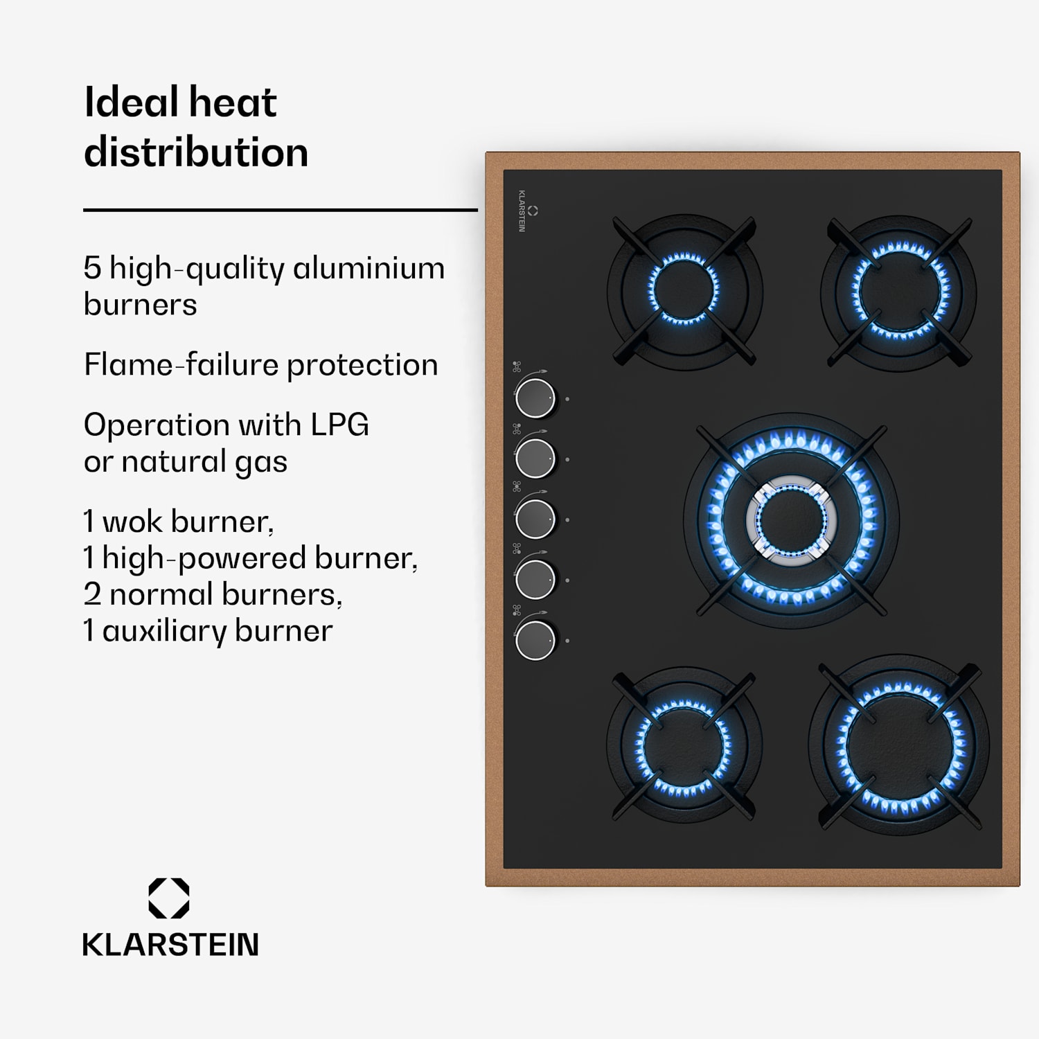 Lumiflame gas hob | 5 burners | copper frame | electric ignition | 10.4 kW output 