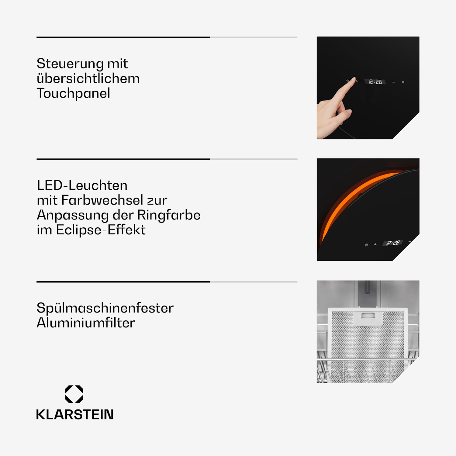 Total Eclipse Dunstabzugshaube | LED-Beleuchtung | Touch | 594,2 m³/h | Abluft/Umluft 60 cm | Schwarz
