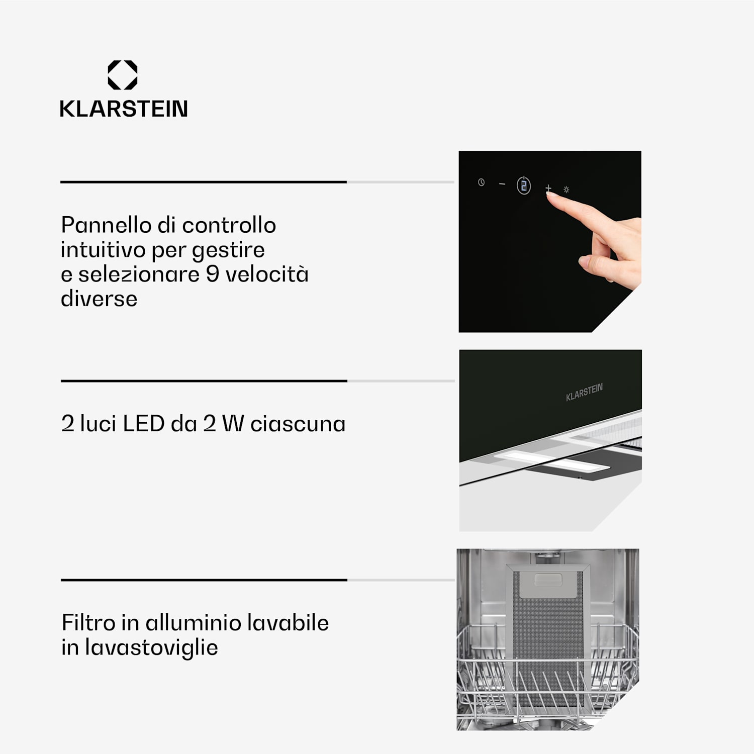AlizeEdge - Cappa aspirante | Touch | Piatta | Silenziosa | Struttura | A+ 90 cm | Nero