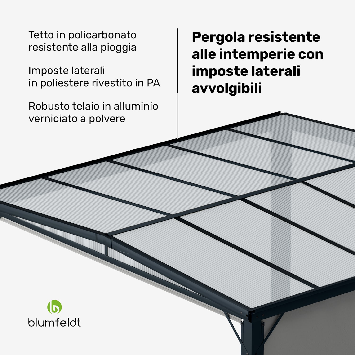 Pantheon Cortina Solid Sky - Pergola, 3x3 m | Resistente agli agenti atmosferici | Verniciata a polvere | Imposte laterali 