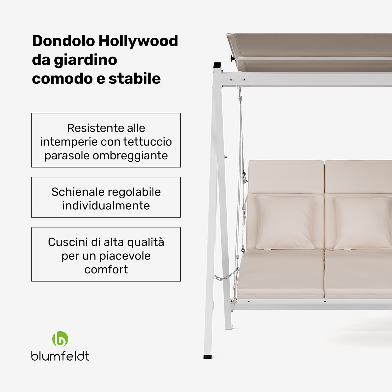 FlexiSwing - Dondolo Hollywood, 2 posti, con schienale regolabile + tettuccio parasole, resistente alle intemperie 2 posti | Beige
