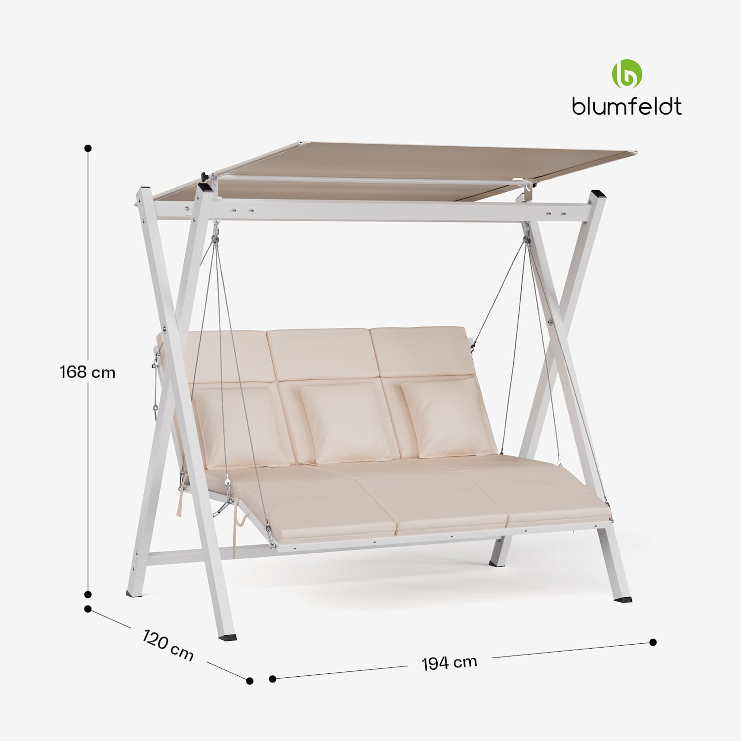 FlexiSwing Hollywoodschaukel 3- Sitzer verstellbare Rückenlehne + Sonnendach wetterfest 3-Sitzer | Beige