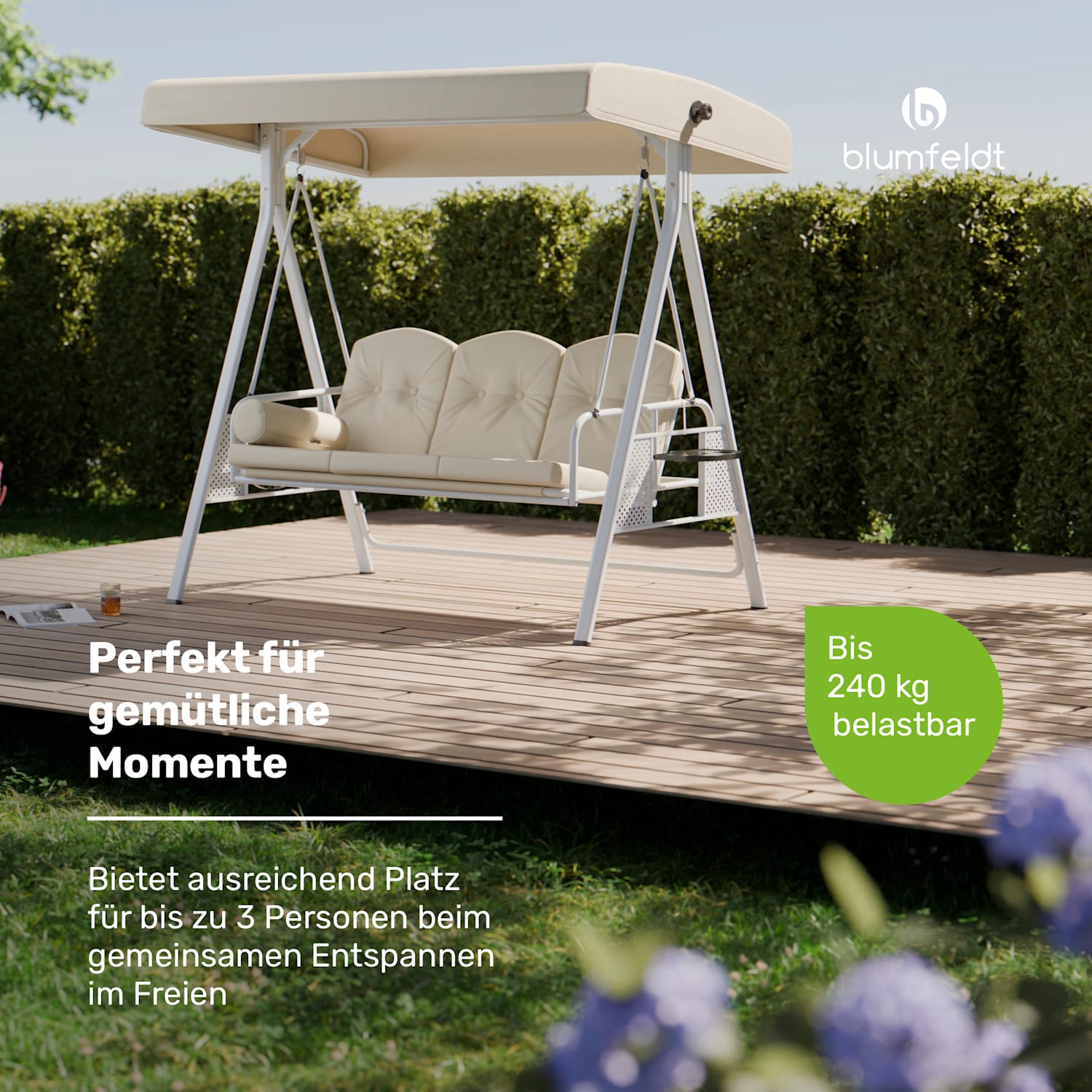 GrandSway Hollywoodschaukel 3er individuell einstellbar pulverbeschichtet Stahl wetterfest  Beige