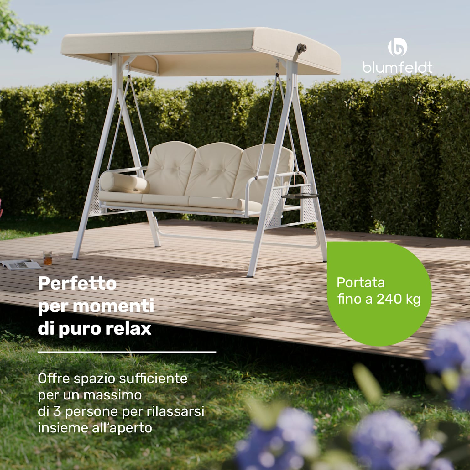 GrandSway - Dondolo Hollywood, 3 posti, regolabile individualmente, acciaio verniciato a polvere, resistente alle intemperie  Beige
