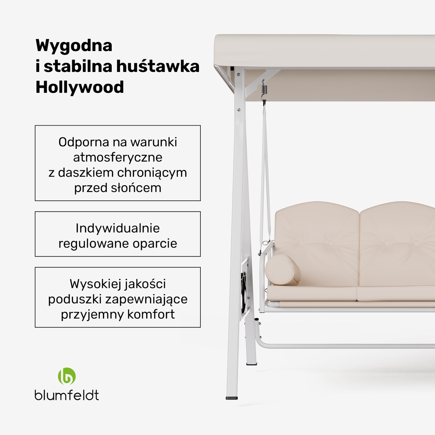 GranSway huśtawka ogrodowa Hollywood 3-osobowa Regulowana indywidualnie Stal malowana proszkowo Odporna na warunki atmosferyczne Beż