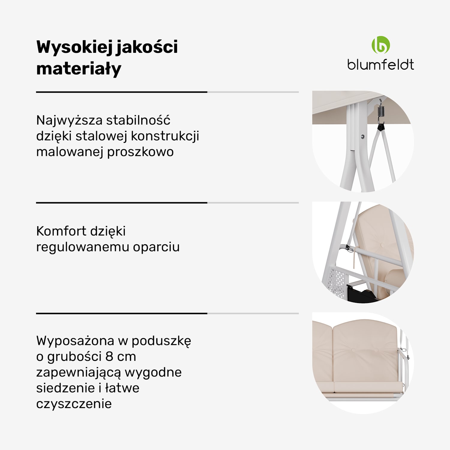 GranSway huśtawka ogrodowa Hollywood 3-osobowa Regulowana indywidualnie Stal malowana proszkowo Odporna na warunki atmosferyczne Beż