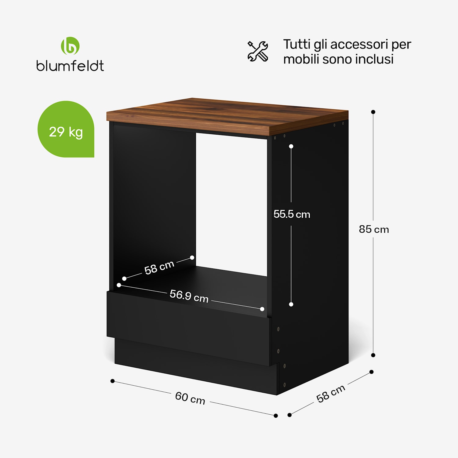 WoodVista - Armadio | Stabile piano di lavoro in MDF | Materiali sostenibili | Montaggio semplice Mobile per forno da incasso | Noce/Nero