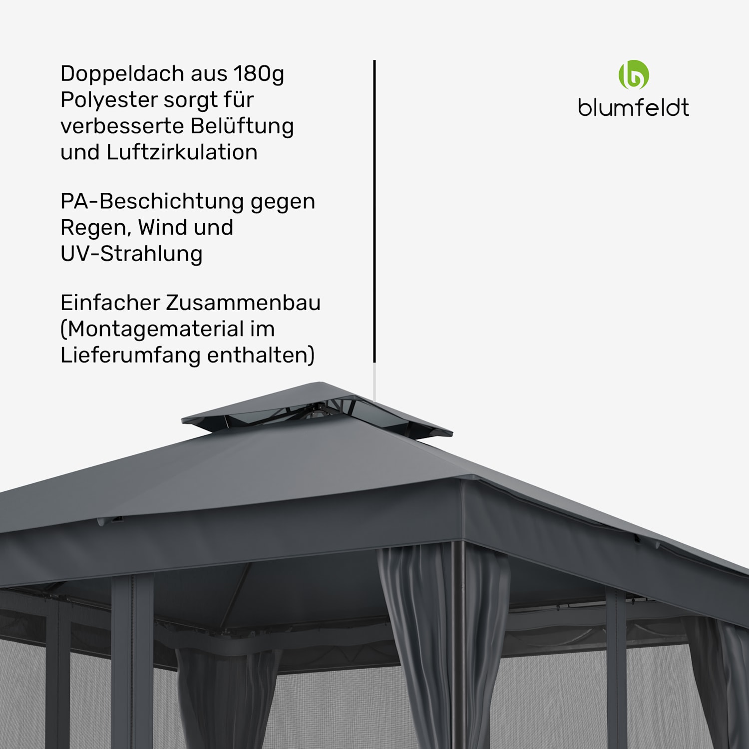 Mondo Dual 3x3 Pavillon mit Doppeldach und Moskitonetzen 3 x 3 m | Dunkelgrau