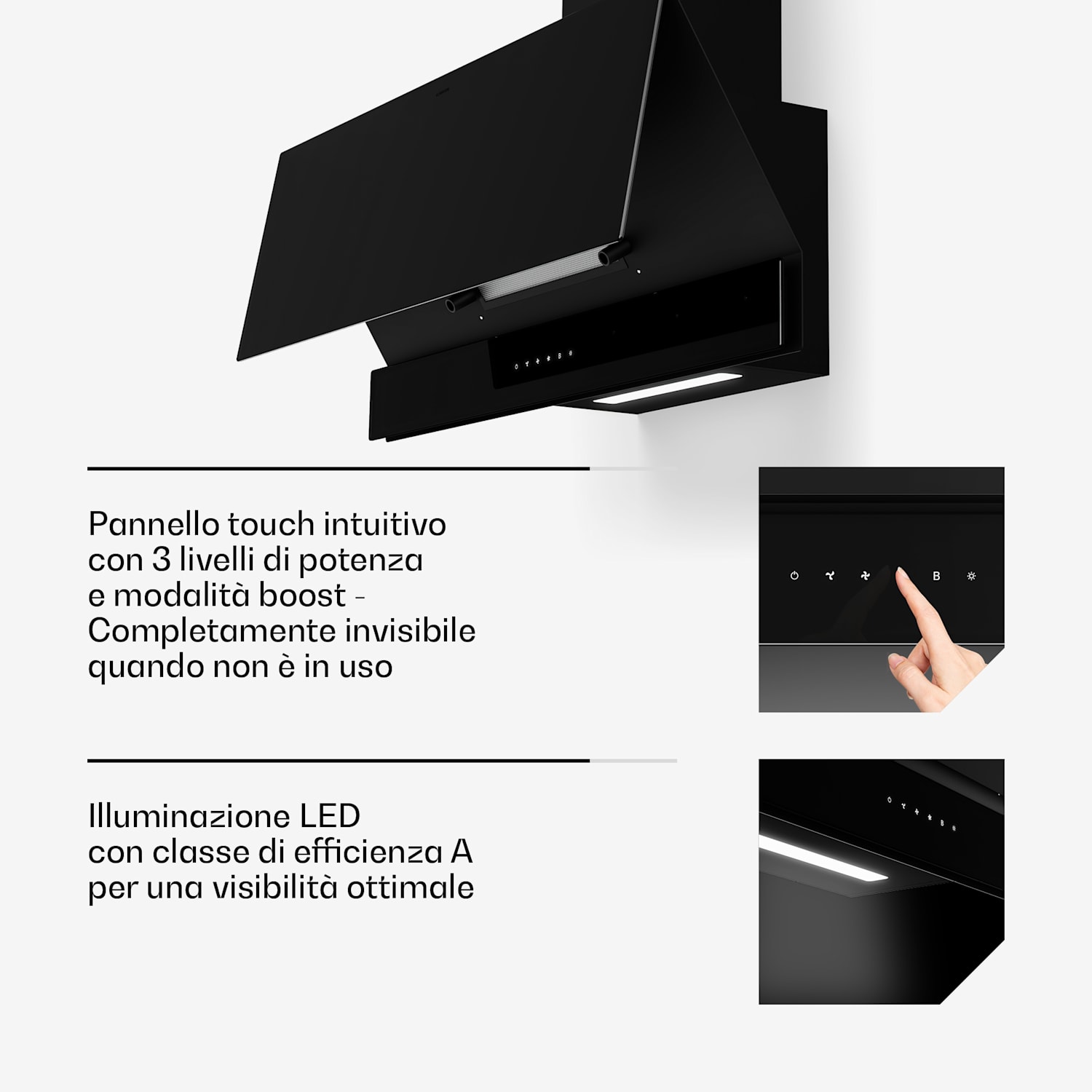 Velaire - Cappa aspirante | Elegante, minimalista, potente | Classe energetica A++ | 820 m³/ora | 90 cm 90 cm | Nero