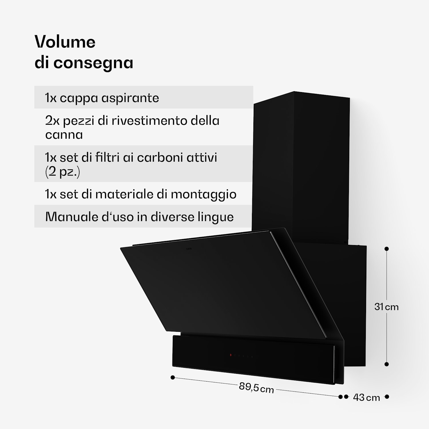 Velaire - Cappa aspirante | Elegante, minimalista, potente | Classe energetica A++ | 820 m³/ora | 90 cm 90 cm | Nero