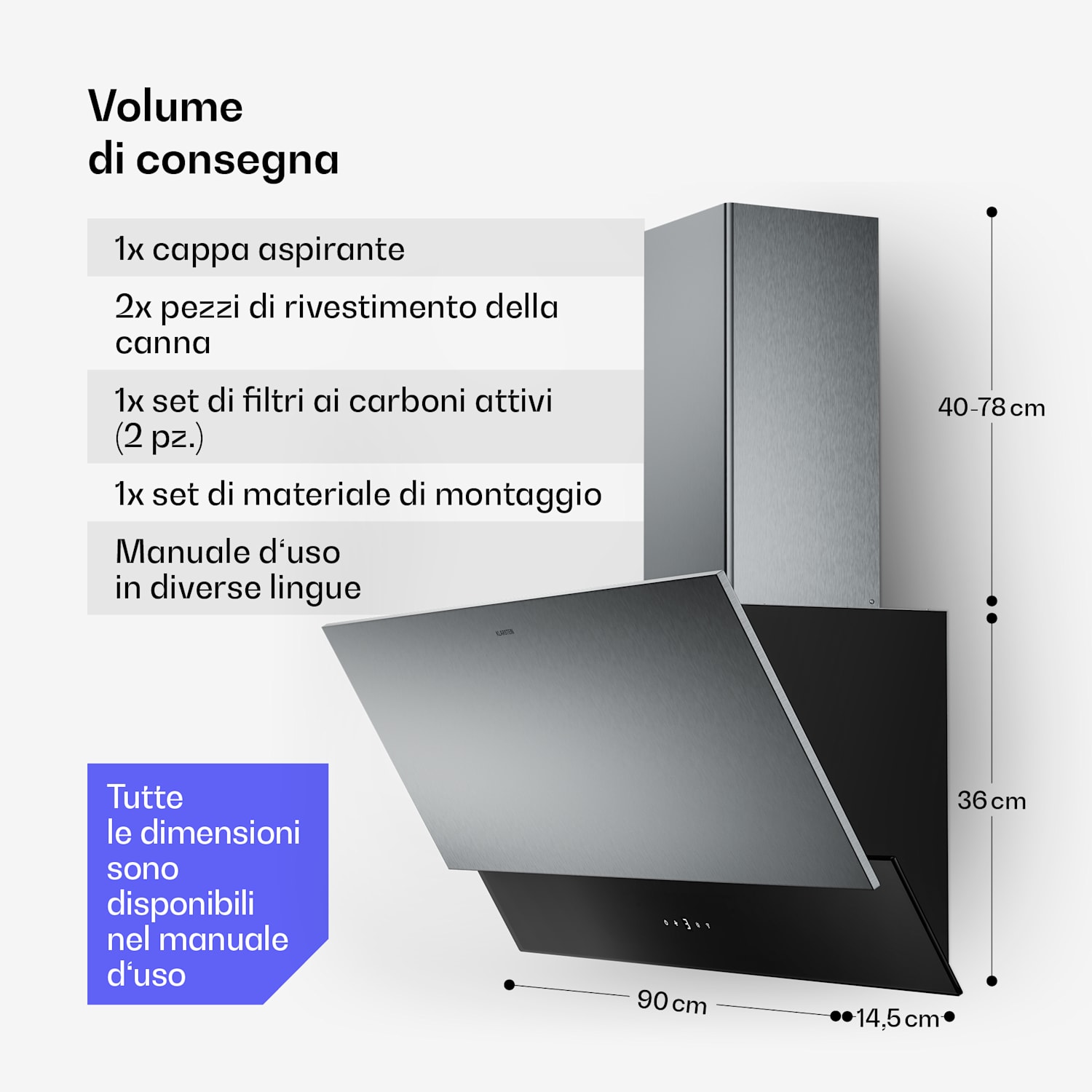 Verosteel - Cappa aspirante | Elegante, minimalista, potente | Classe energetica A | 624 m³/ora | 90 cm 90 cm