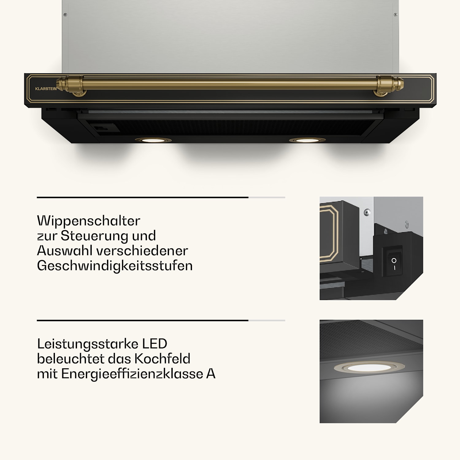Victoria Ausfahrbare Dunstabzugshaube Elegant, Retro-inspiriert, Zeitlos EEC A++ 358,54 m³/h 60 cm Schwarz