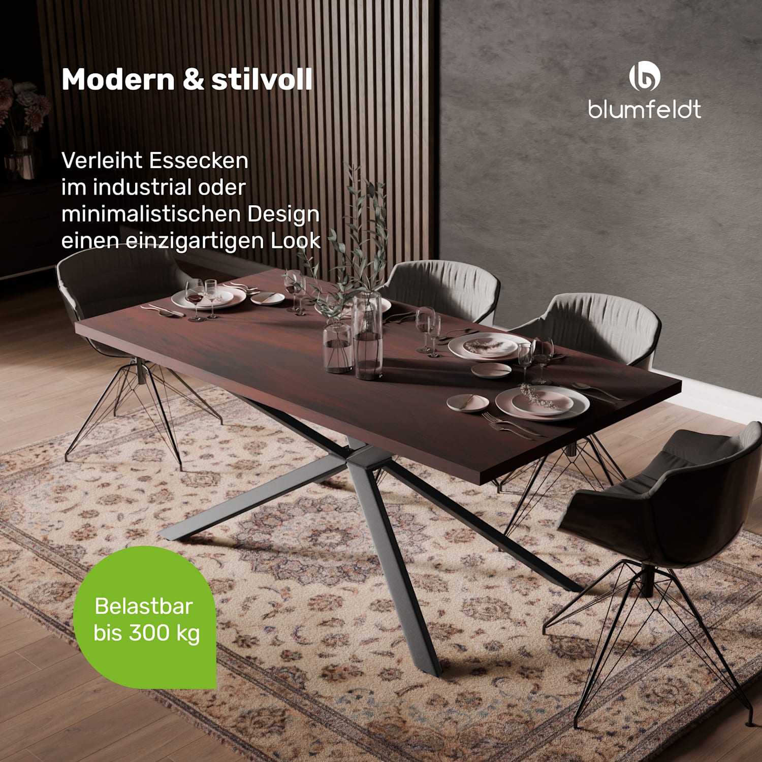 Set Tavolo Bearsdon | Piano del tavolo & gambe in metallo | Stile industriale | stabile | moderno 180 x 90 | Legno scuro