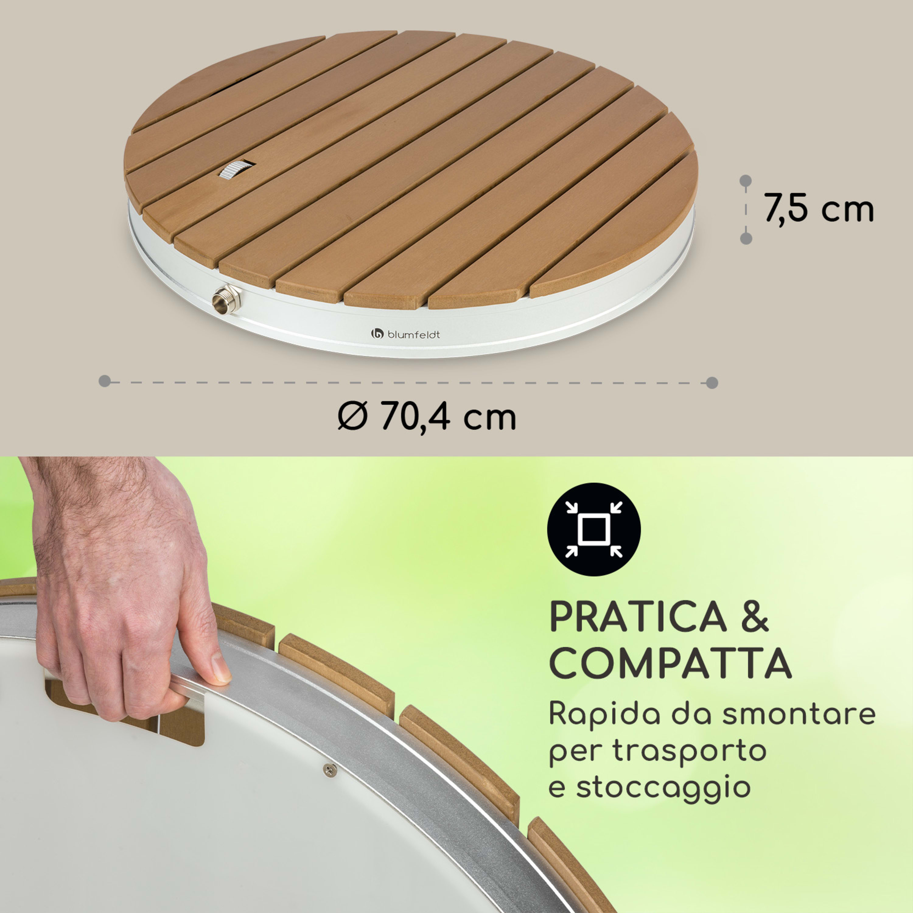 Sumatra Breeze Round - Doccia da giardino, WPC, alluminio, 70 x 55 cm, tonda 