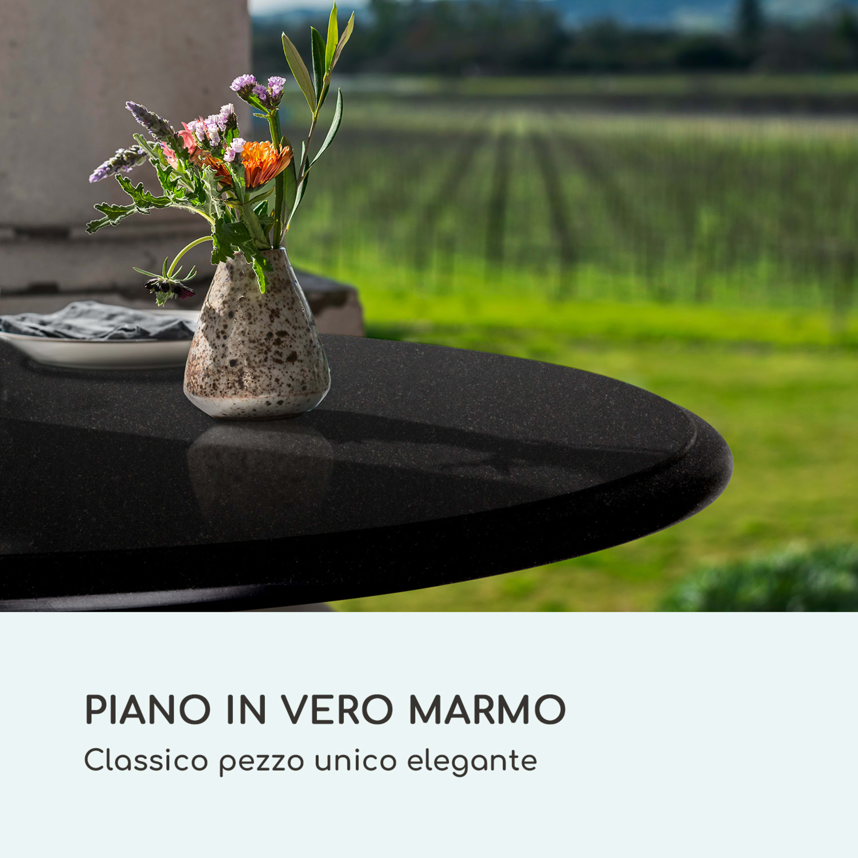 Patras - Tavolino da bistrò, piano in marmo, Ø60 cm, base d'appoggio in ghisa Nero