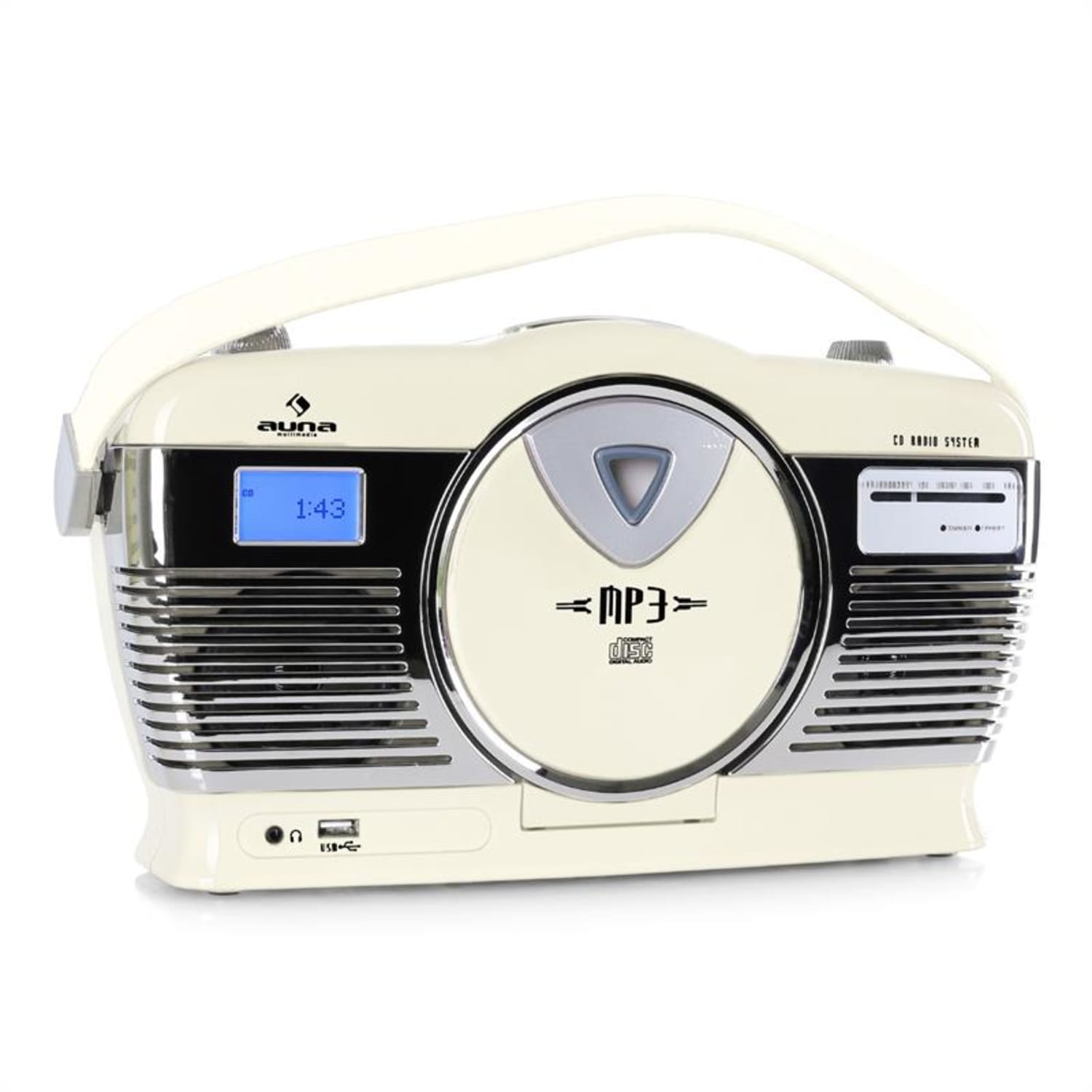 RCD-70CR, ретро радио, FM, USB, CD, батерия, кремав цвят