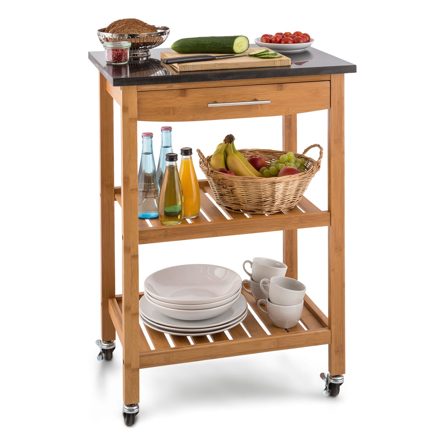 Tennessee Carro de servicio Carro de cocina 4 estantes Madera Granito Móvil