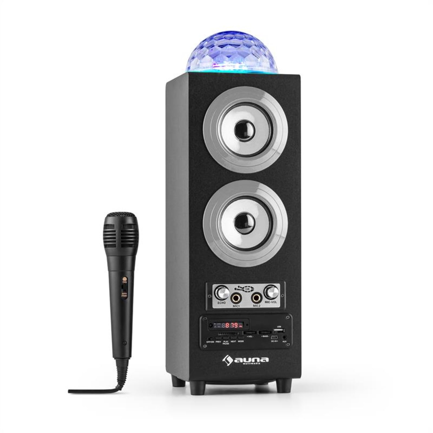 DISKOSTAR SILVER, PRENOSNI BLUETOOTH ZVOČNIK, USB, BATERIJA, LED, MIKROFON