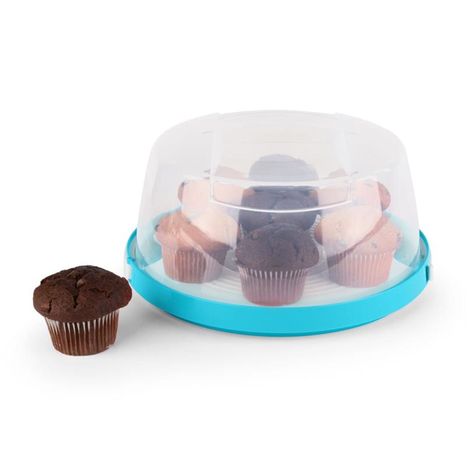 Boîte de transport à gâteaux cloche transparente cupcakes Ø26cm -bleu