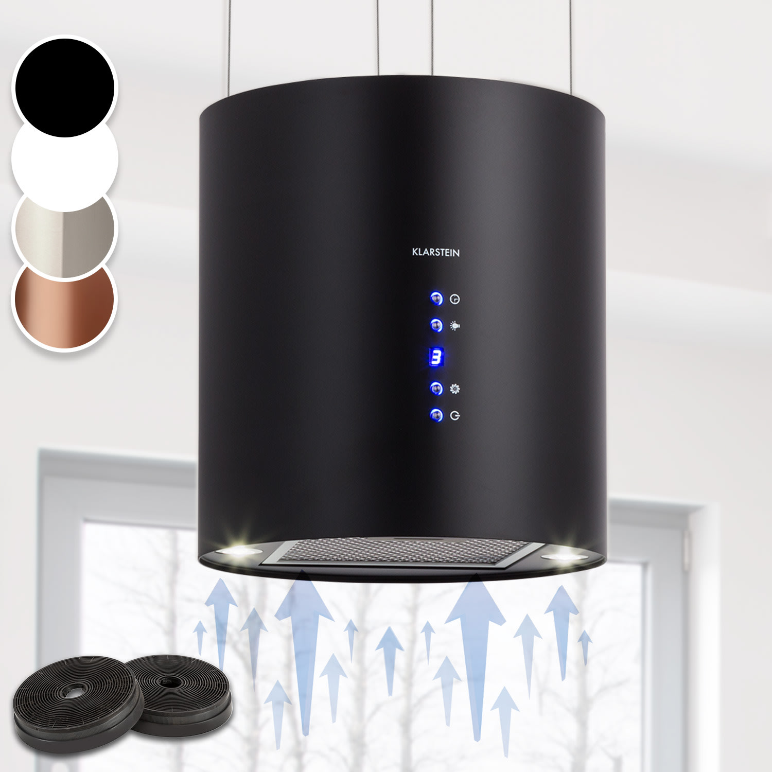 Barett Inselabzugshaube Ø35cm Umluft 558 m³/h LED Aktivkohlefilter