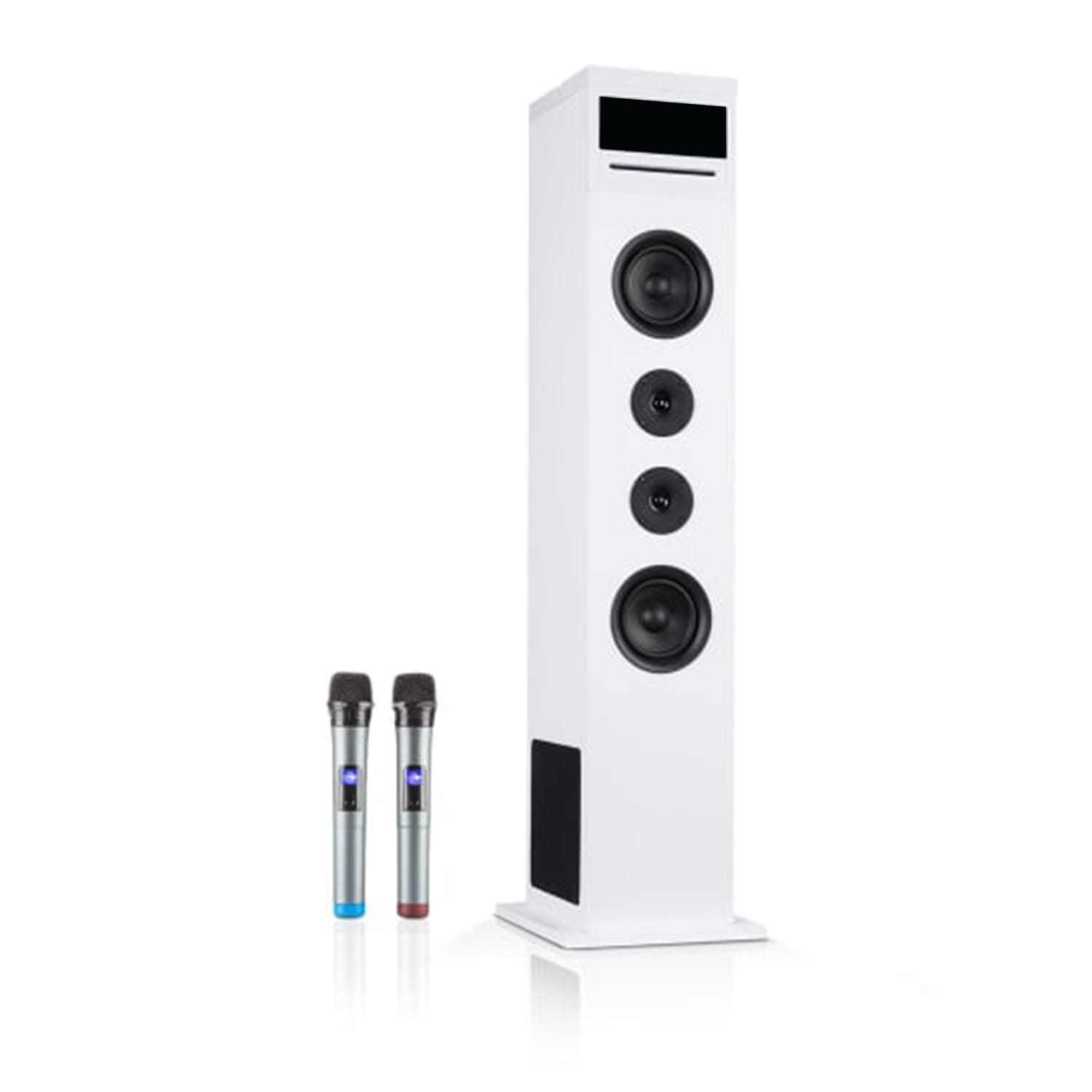 Karaboom 100 Sing, stolpni zvočnik za karaoke, maks. 120 W, CD predvajalnik, 2 brezžična mikrofona, bela
