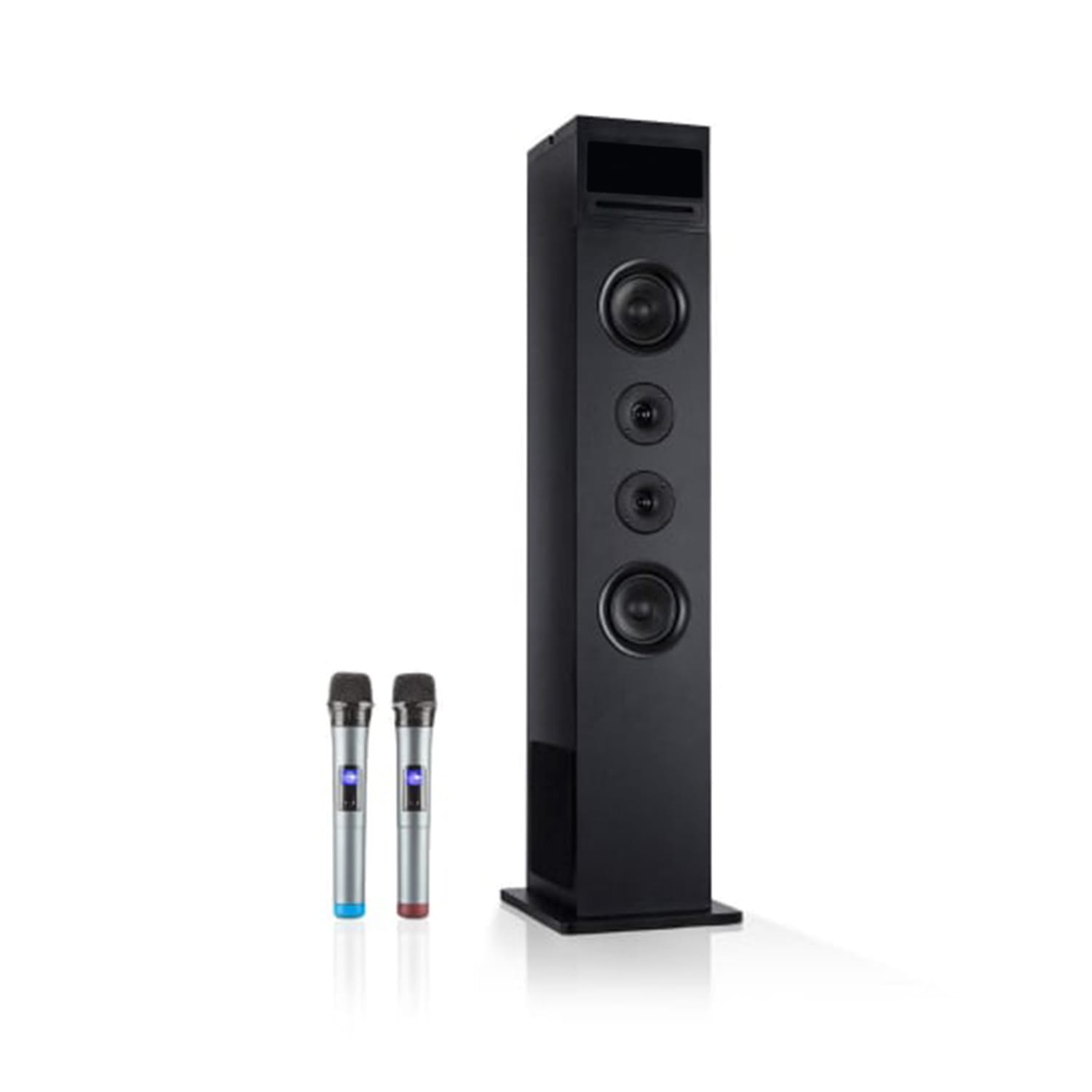 Karaboom 100 Sing, stolpni zvočnik za karaoke, maks. 120 W, CD predvajalnik, 2 brezžična mikrofona, črna