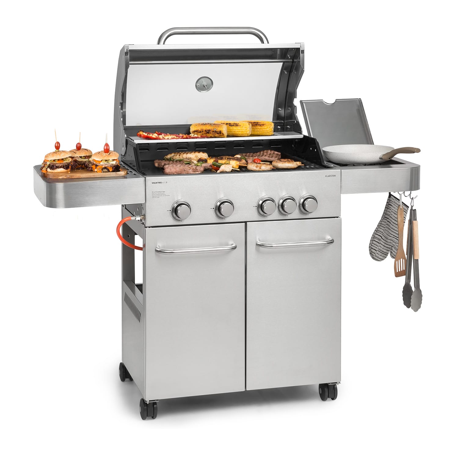 Valkyrie Gasgrill 4x3,5 kW + 3,15 kW Brenner 74x44 cm Grill Sichtfenster Edelstahl