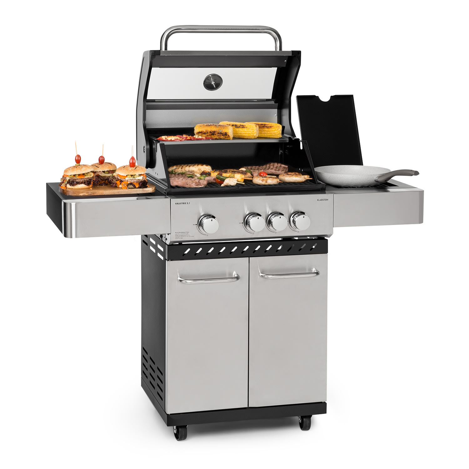 Valkyrie Gasgrill 3x3,2 + 2,9 kW Sichtfenster 54x42 cm Grill Edelstahl