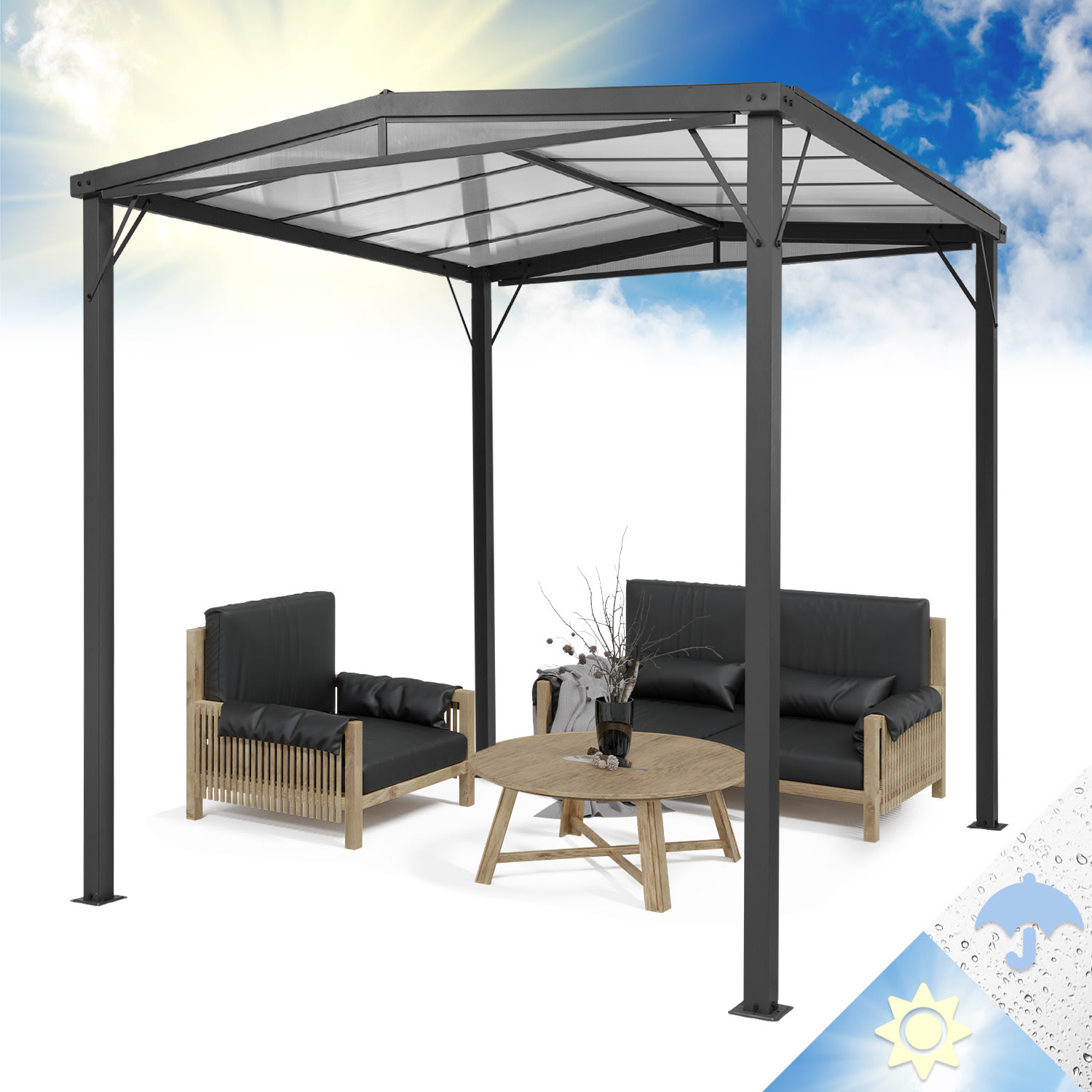 Pantheon Solid Sky Flat Pergola auvent 3x3m polycarbonate gris