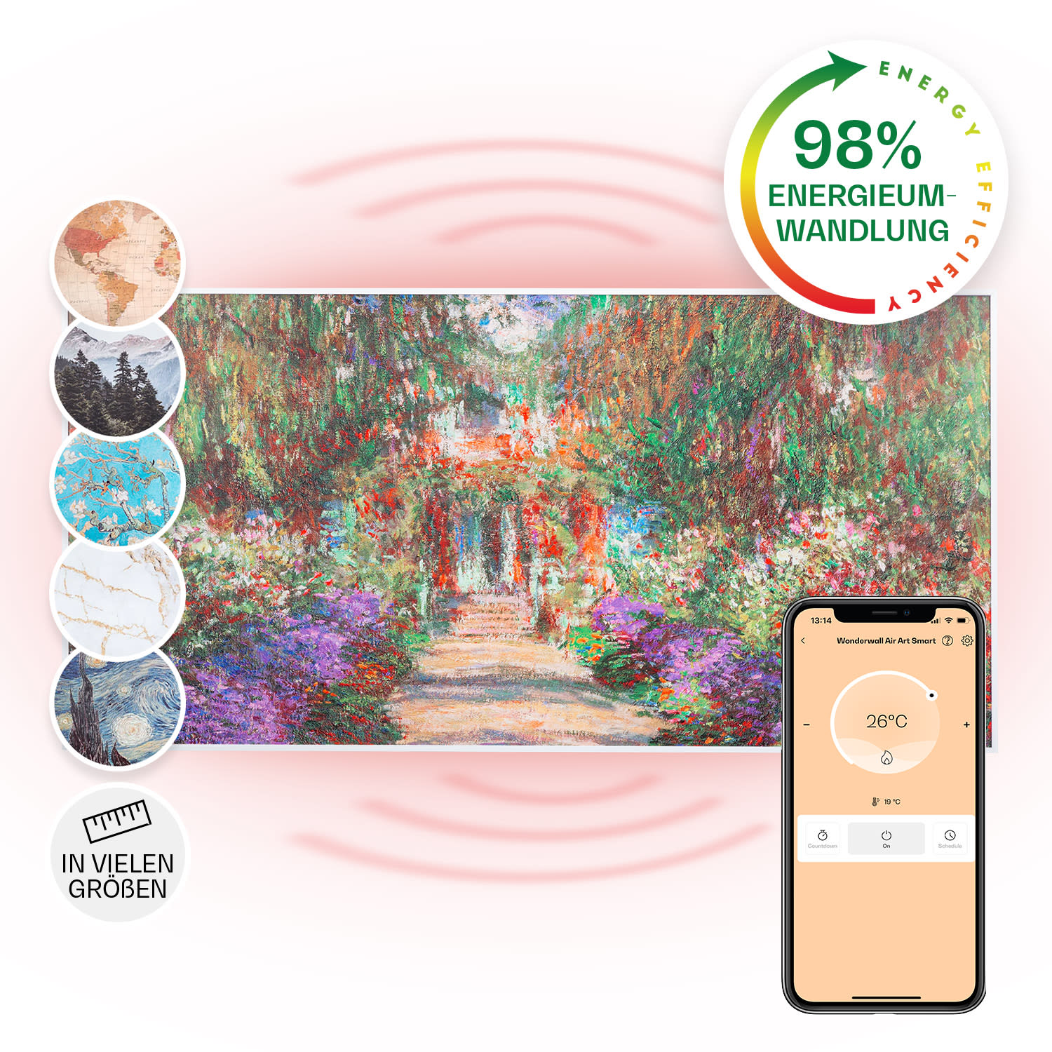 Wonderwall Air Art Smart Infrarotheizung 120x60cm 700W Wandinstallation App-Steuerung Gartenweg