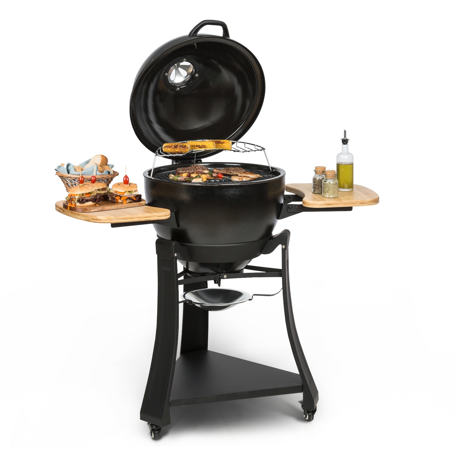 Duomo Barbacoa kamado Termómetro Mesas laterales móviles Acero inoxidable Cerámica Ø49cm Parrilla de hierro fundido