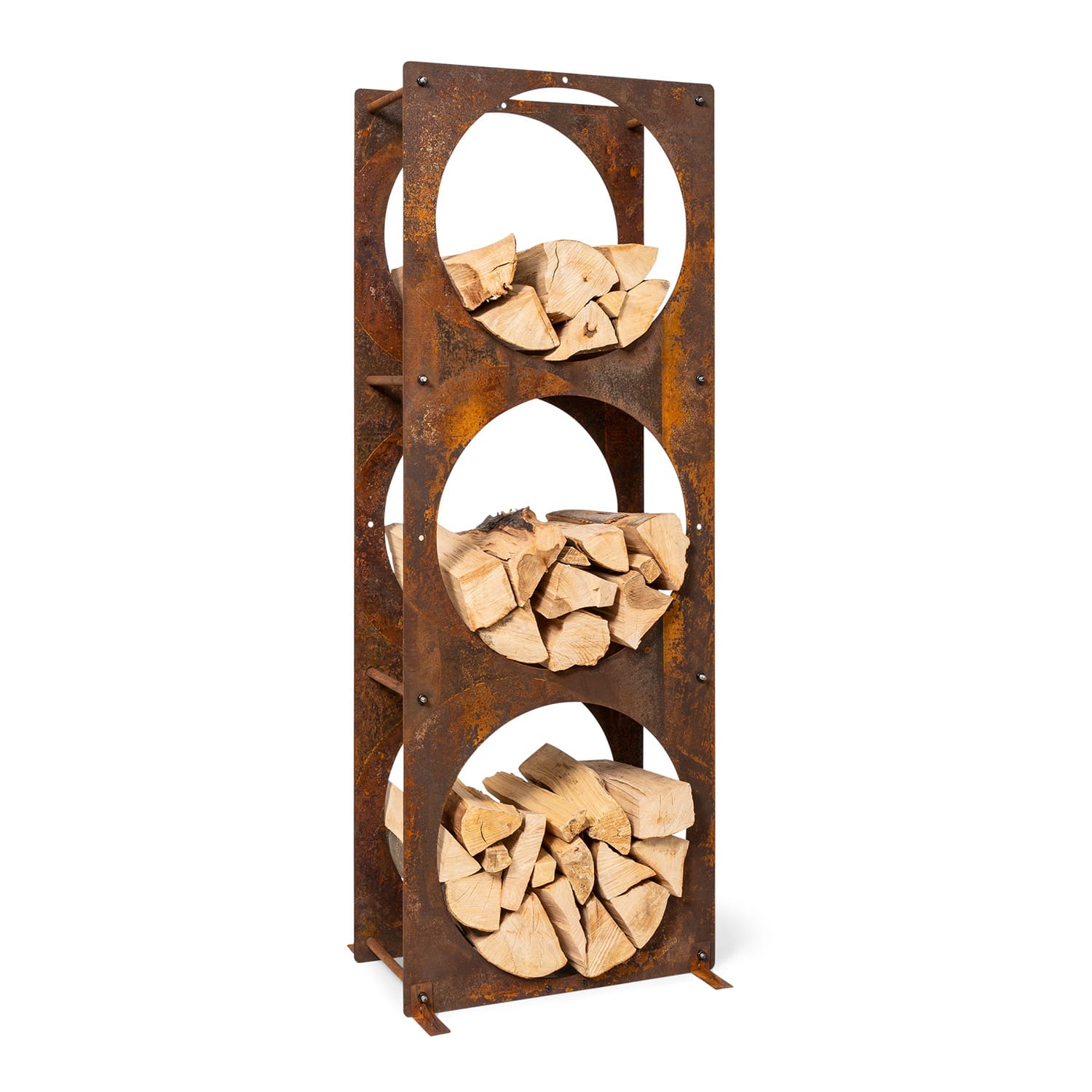 Trio Circulo Log Store, 55x160x30cm, 3mm Steel Shelves, Rust Aesthetic