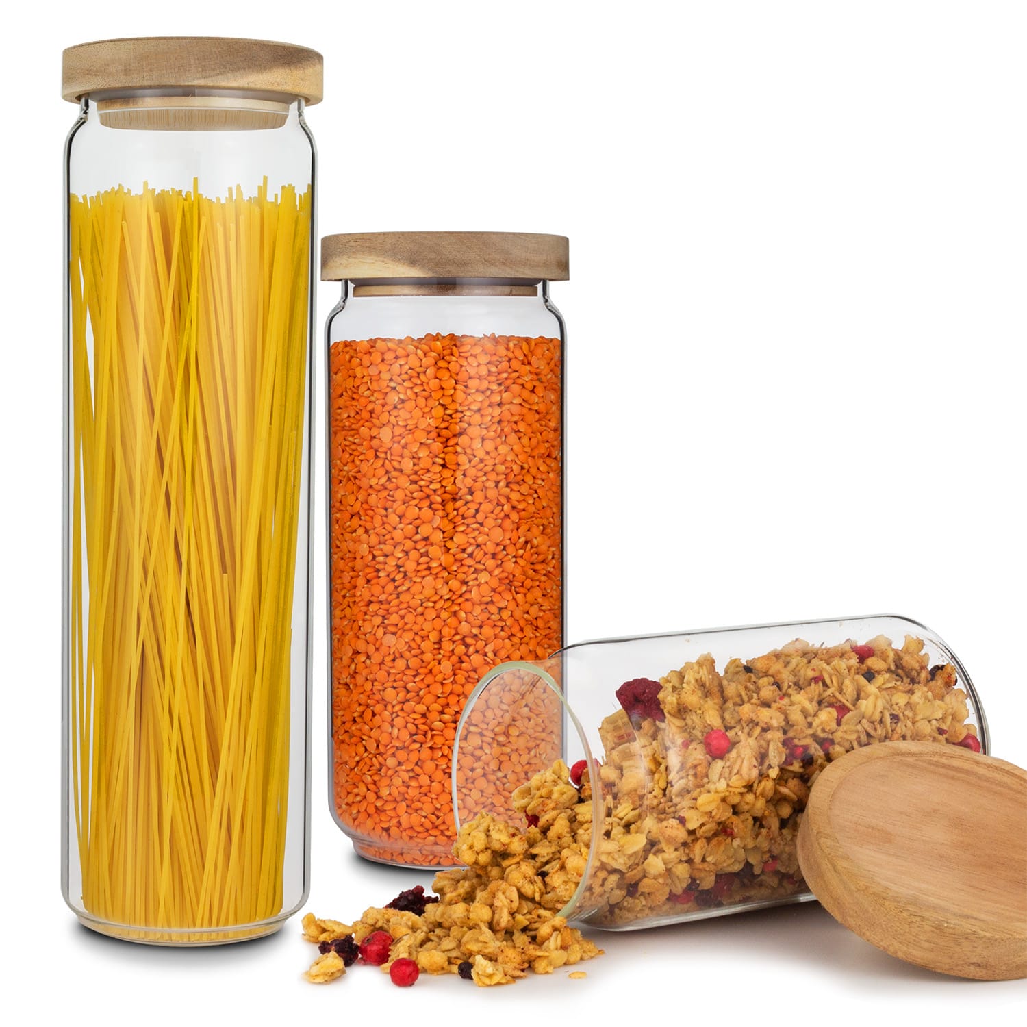 Lovage, staklenke za skladištenje hrane, 0,75L, 1,1L, 1,5L, set od 3 komada, borosilikatno staklo, poklopac drva akacije, silikon