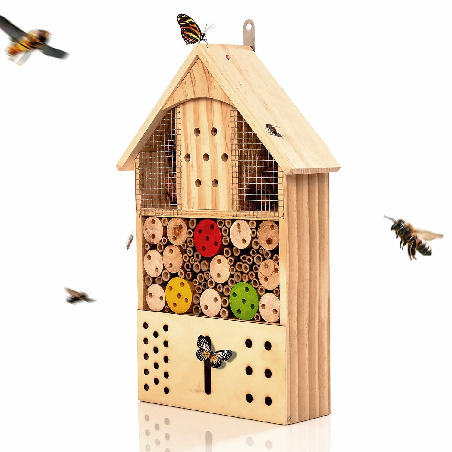 Hôtel d'insectes avec des touches de couleur, habitable toute l'année, bois de pin