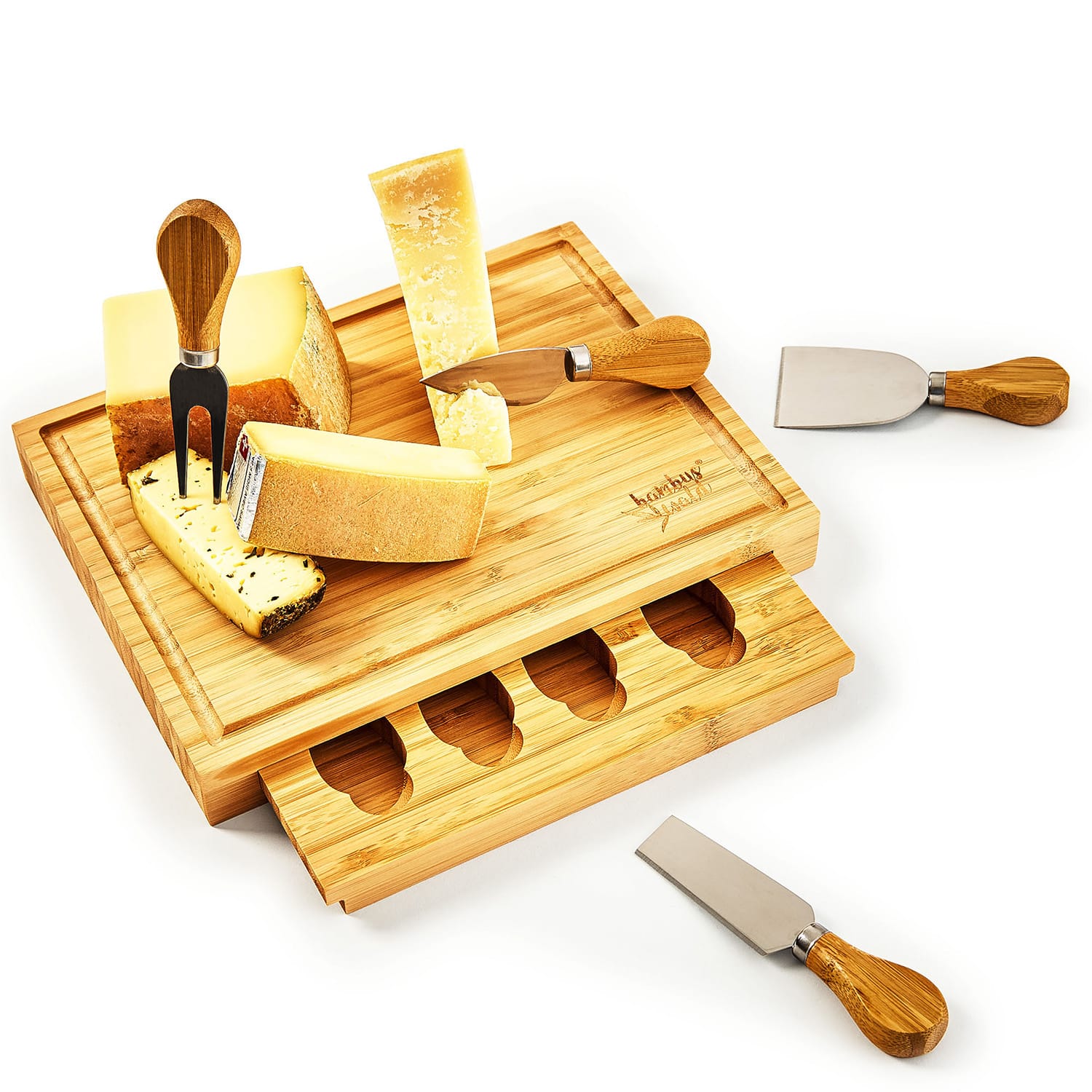 Plateau à fromages avec tiroir à couteaux 25,2 x 3 x 19,5 cm (LxHxP) 4 couteaux spéciaux, faciles d'entretien