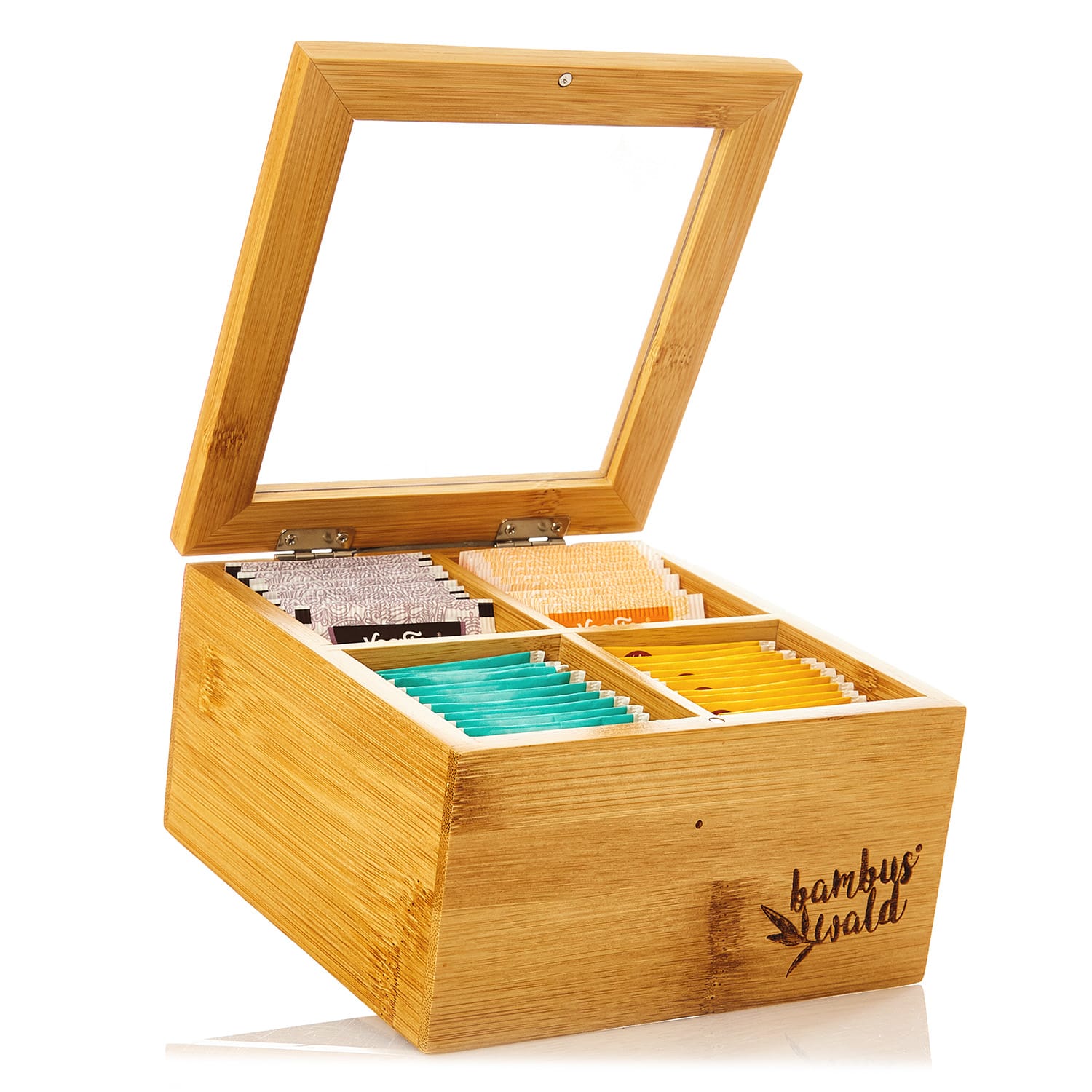 Caja para té 4 compartimentos 60 bolsitas de té Ventanilla de plástico Bambú