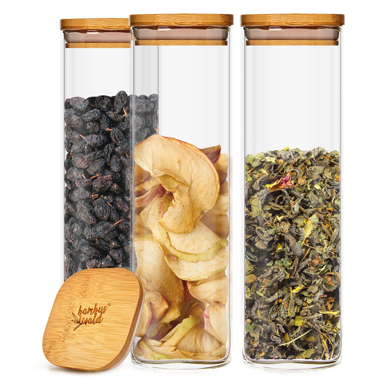 Eckiges Glas mit Bambusdeckel luftdicht mit Silikonring 10x25x10 cm 3x 2000 ml