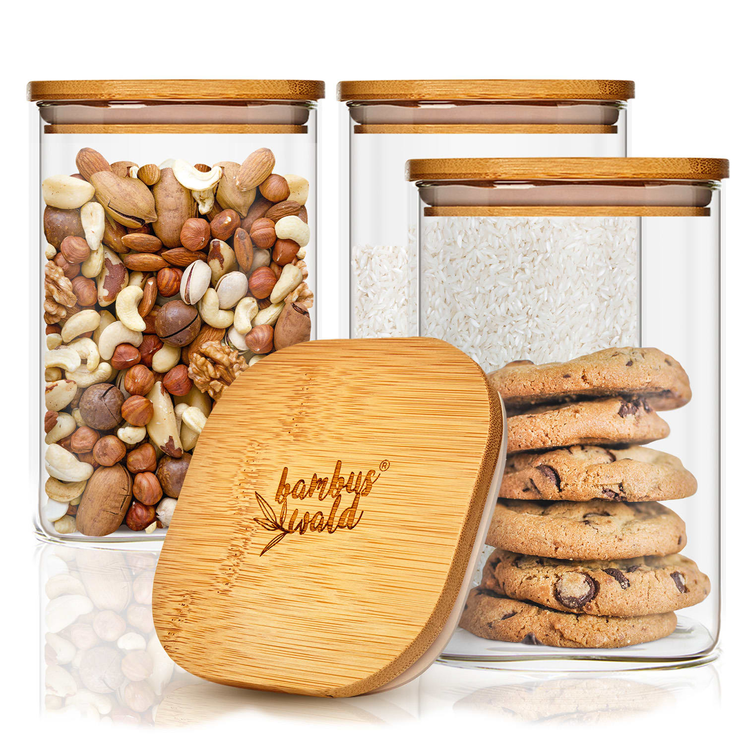 Eckiges Glas mit Bambusdeckel luftdicht mit Silikonring 10x16x10 cm 3x 1200 ml