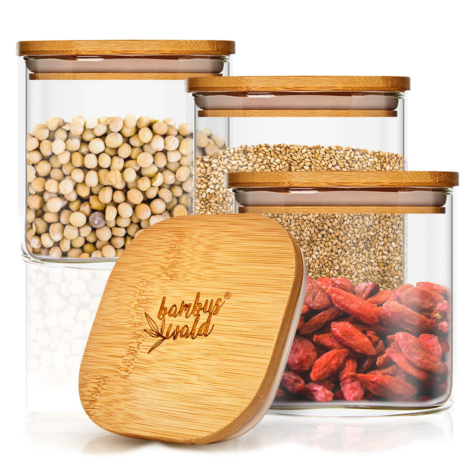 Vierkante pot met bamboe deksel luchtdicht met siliconen ring 10x10x10 cm 3 x 700 ml
