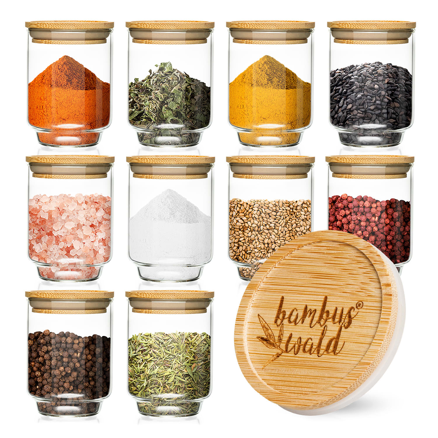Gewürzgläser Bambusdeckel 10 Stück je 150 ml luftdicht stapelbar