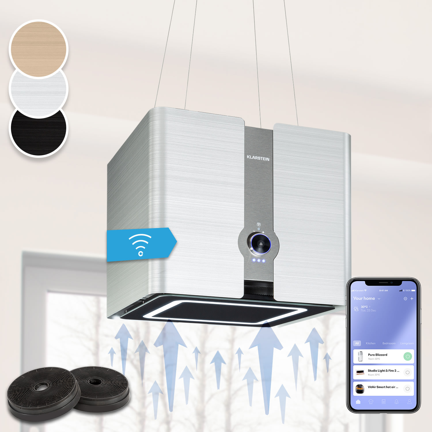 Futurelight Smart hotte d'îlot à recyclage d'air 420 m³/h LED acier inoxydable